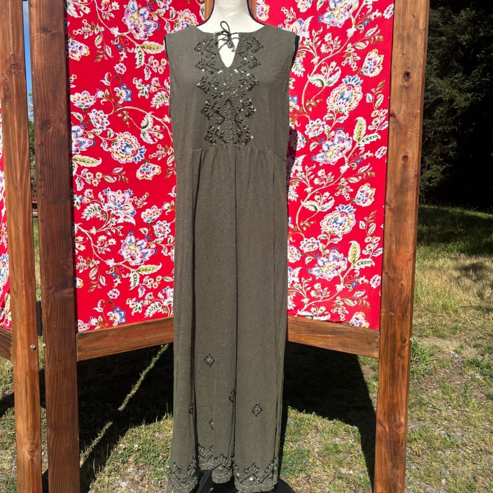 100% Cotton Forest Green‎ Embroidered Beaded Boho Sleeveless Maxi Dress Size M